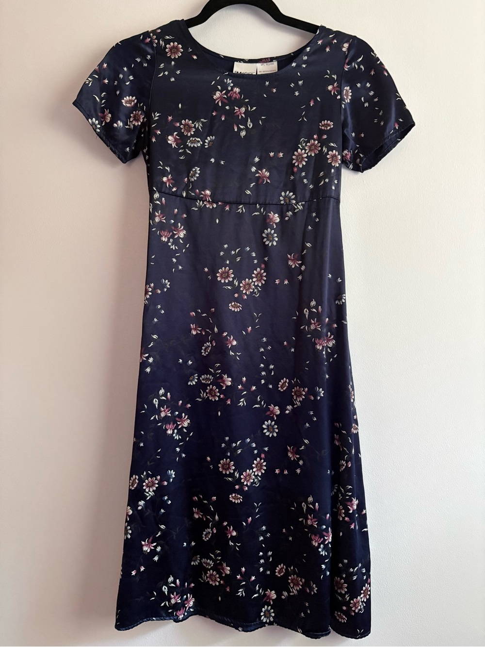 Vintage 90s new Moves Floral Satin Midi Dress Empire Waist Navy Blue Romantic